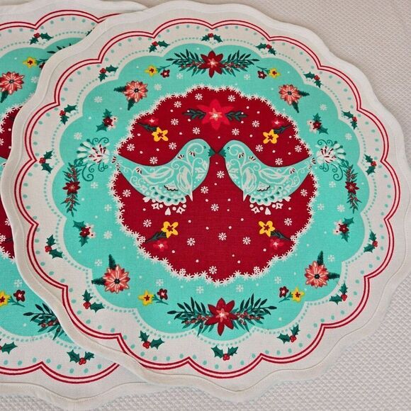 Pioneer Woman Mazie Bird Fabric Placemats Red Teal Set of 4 Reversible 16" Round - Picture 1 of 3